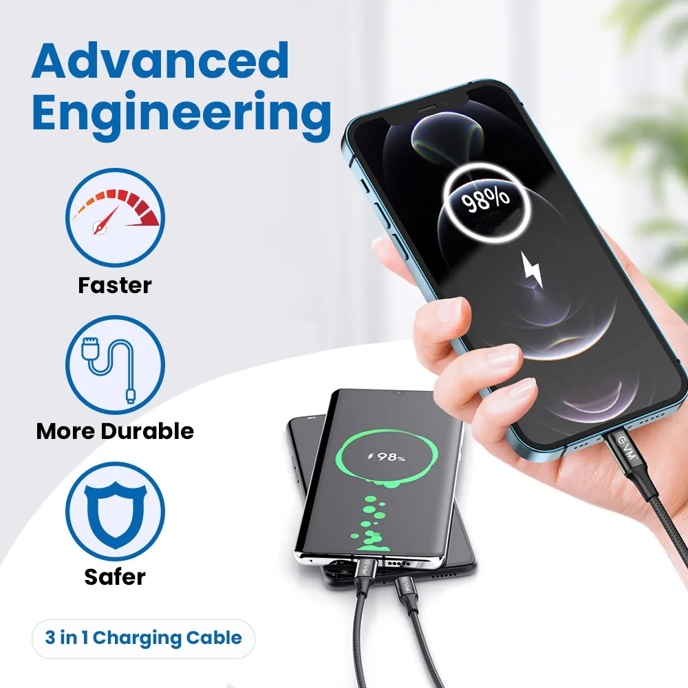 EVM M3 3-in-1 Metal Head Nylon Braided Charging Cable - Image 2