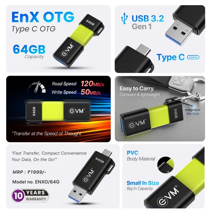 EVM 64GB EnXO OTG Flash Drive with Type -C USB Port USB 3.2 Write Speed 10 Years Warranty (ENXO/64GB) - Image 2