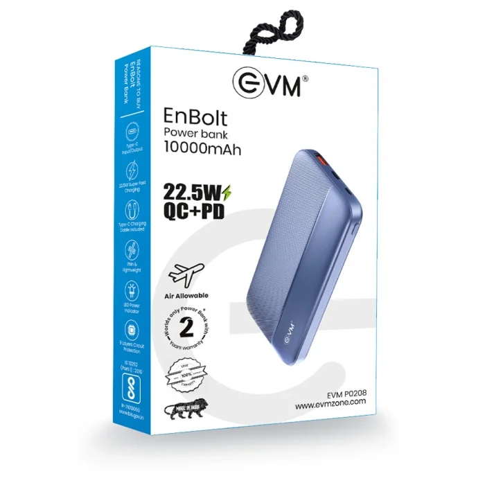 EVM EnBolt Power Bank 10000mAh 22.5W QC+PD 1 YEAR WARRANTY