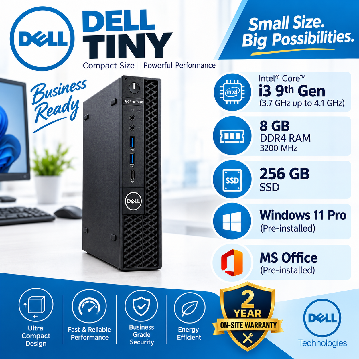Dell Tiny Core i3 9th Gen 8 GB 3200Mhz DDR4 RAM 256 GB SSD Windows 11 Pro MS Office 2 Year On-Site Warranty - Image 2